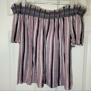 Off the shoulder short sleeve cream, brown, pink stripes stretchy size large